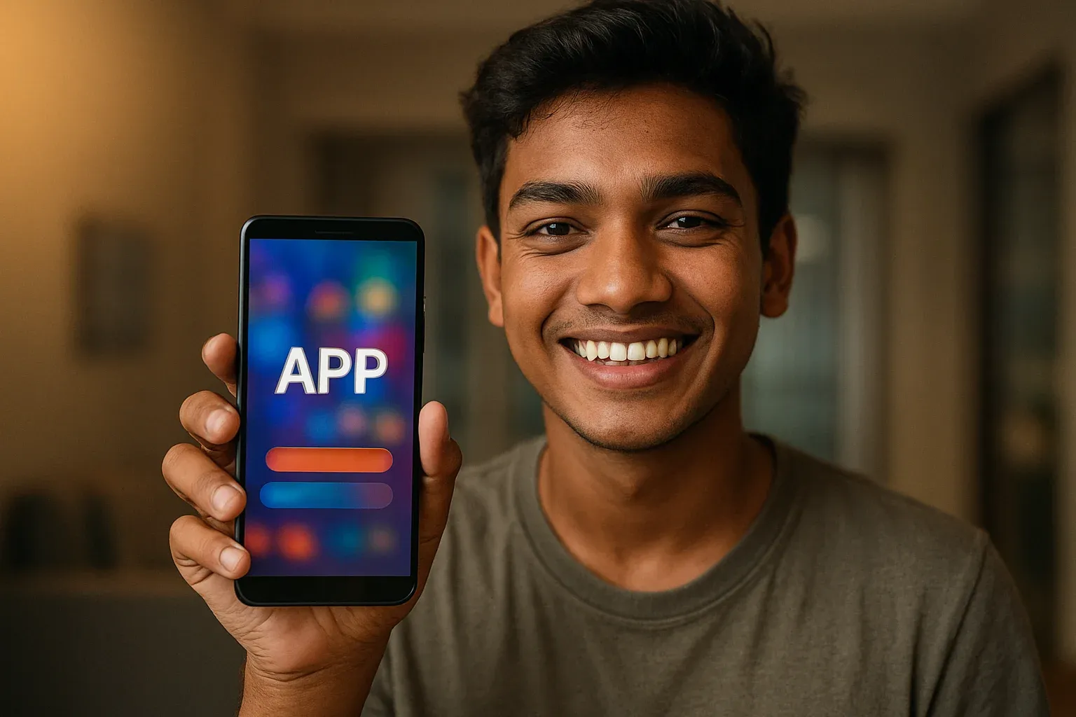 Young Bangladeshi man smiling with smartphone showing colorful gaming app screen