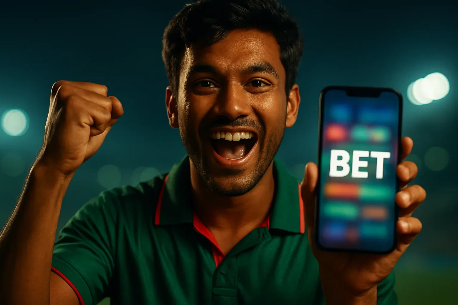 Excited Bangladeshi man holding smartphone with sports betting screen saying BET
