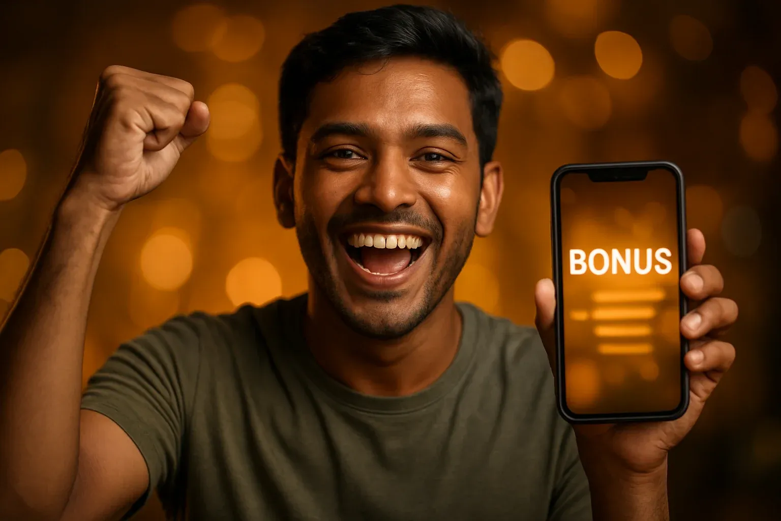 Joyful young Bangladesh man holding smartphone with glowing bonus screen