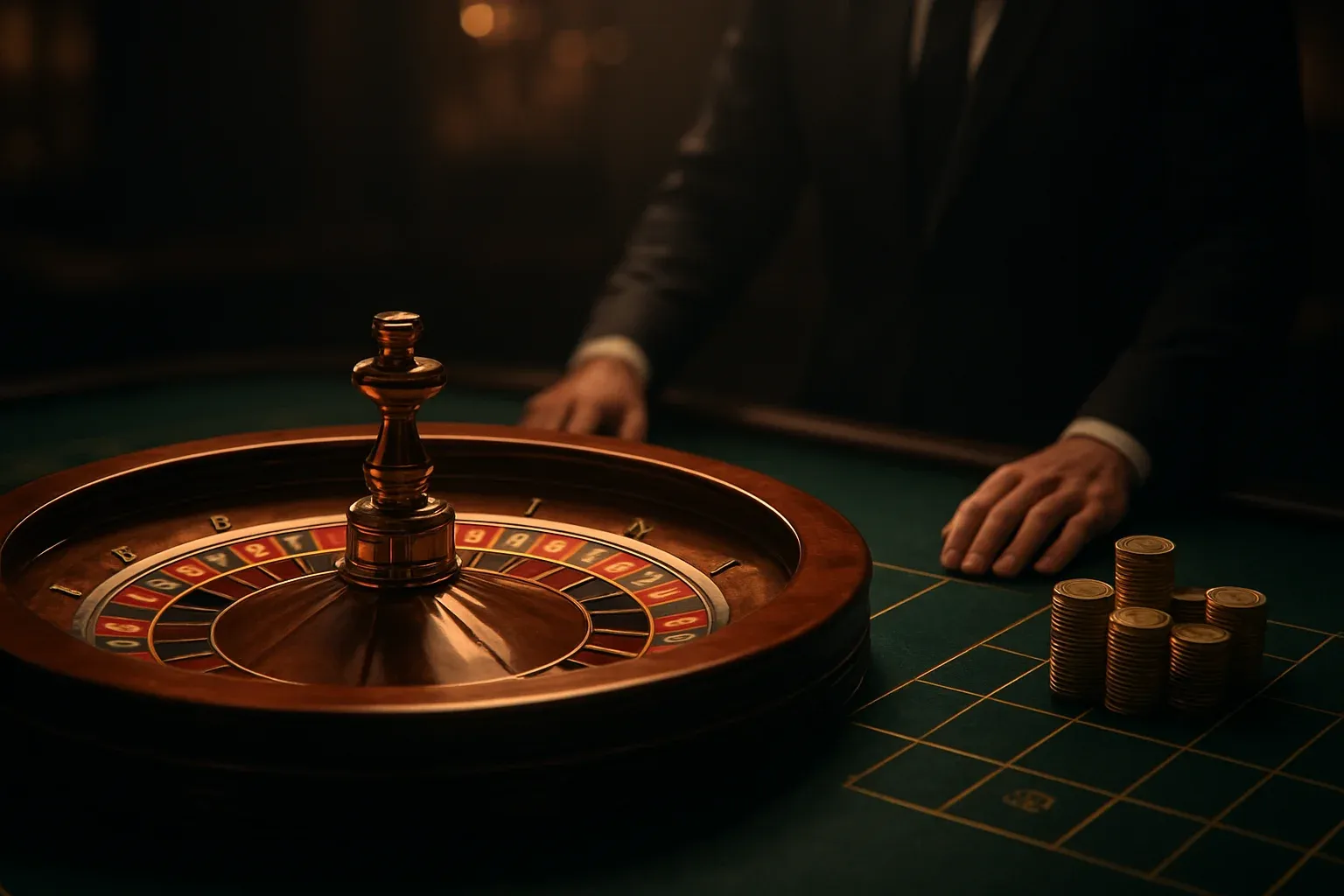 Hyperrealistic live casino roulette table with dealer hands and golden chips