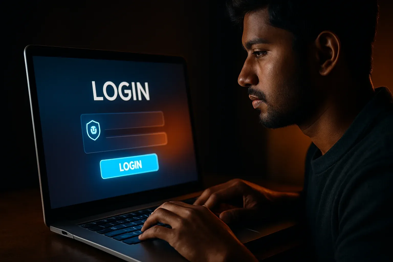 Young Bangladeshi man's hands on laptop showing clear LOGIN screen
