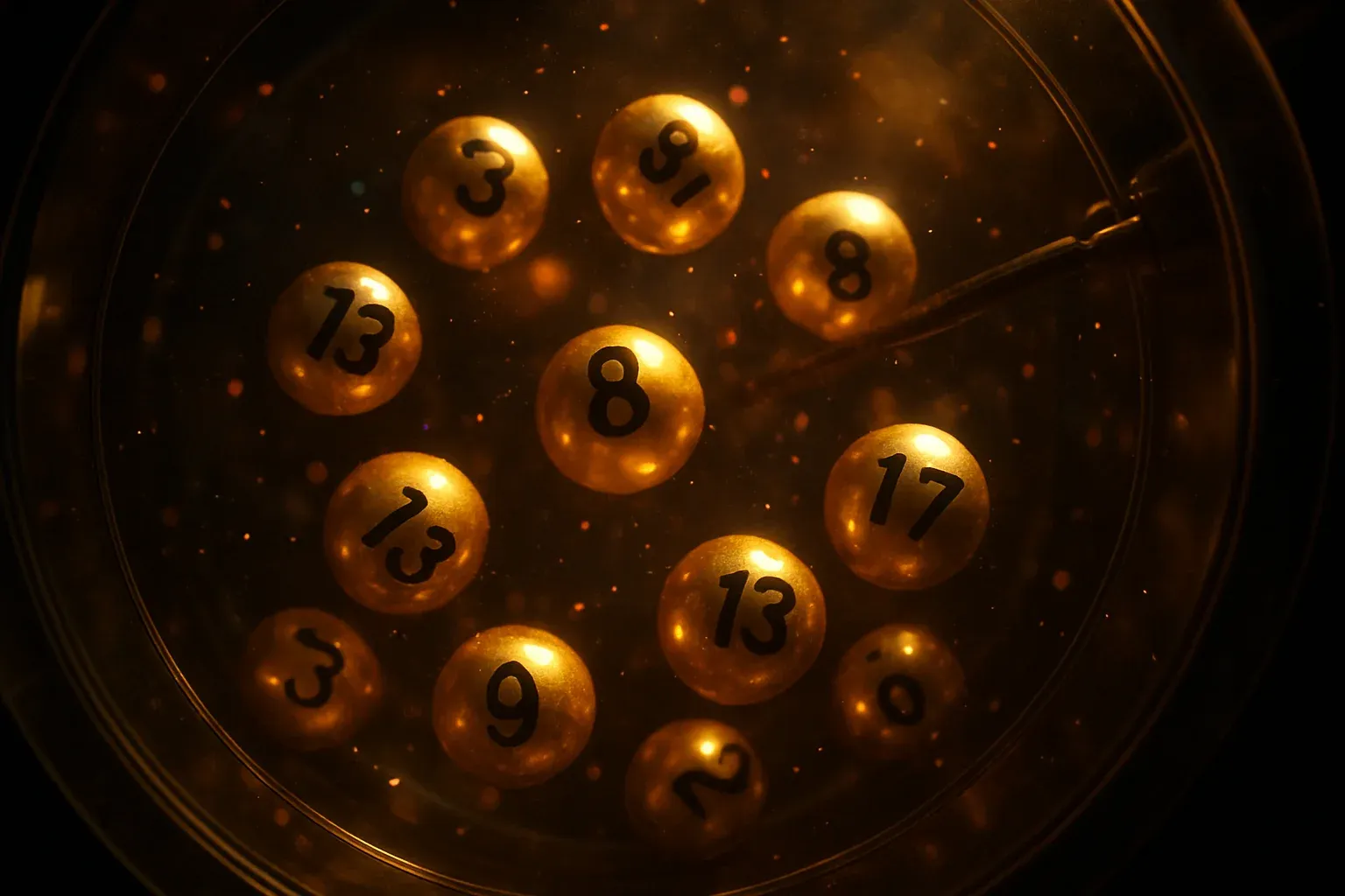 Glowing golden lottery balls tumbling inside transparent draw machine