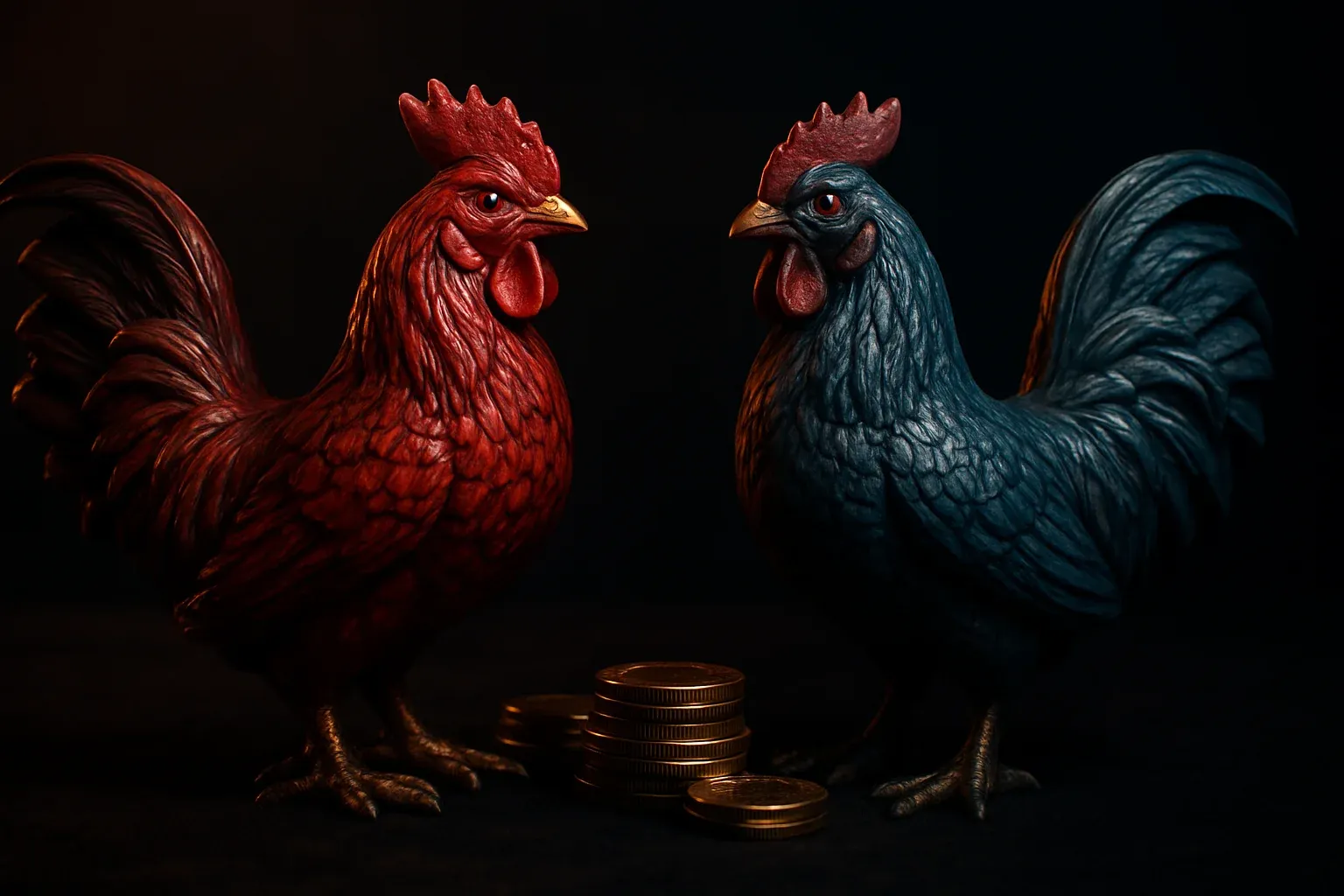 Decorative rooster statuettes with casino chips on dark velvet surface
